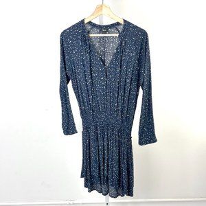 Rails Jasmine Star Print Dress Long Sleeve Blouson Crepe Navy Blue S
